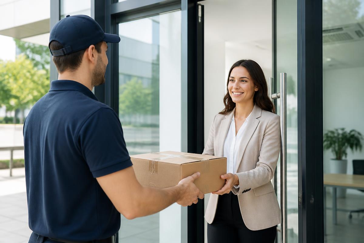 Courier handing a package to a smiling client at a bright office entrance