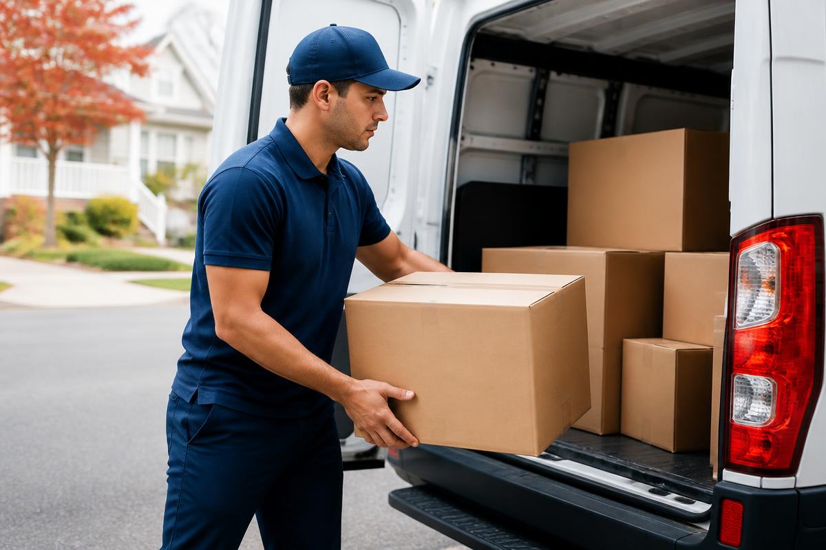 Courier carefully loading a package into a delivery van